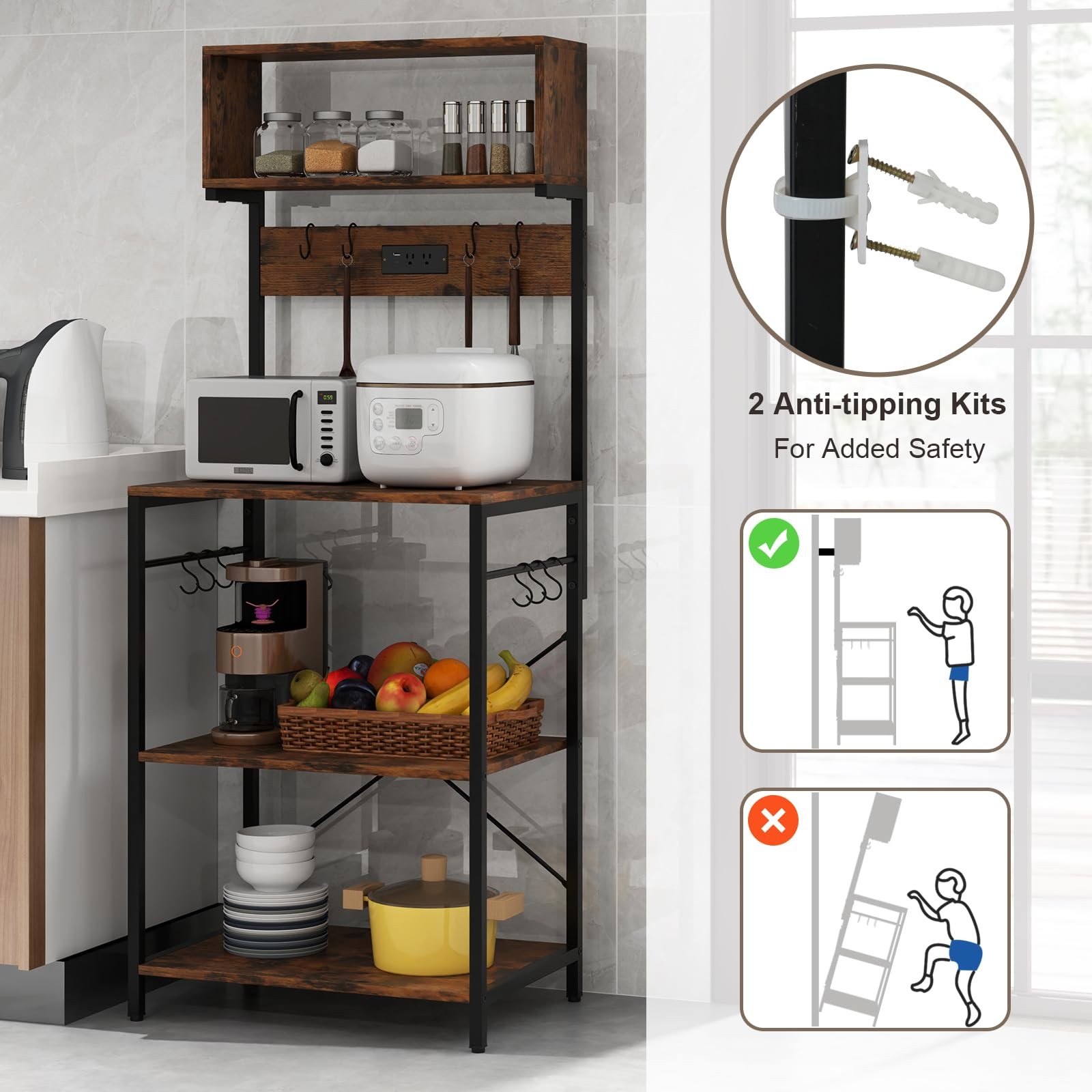 Baker’s Rack with Power Outlet, 5-Tier Microwave Stand with Open Shelves