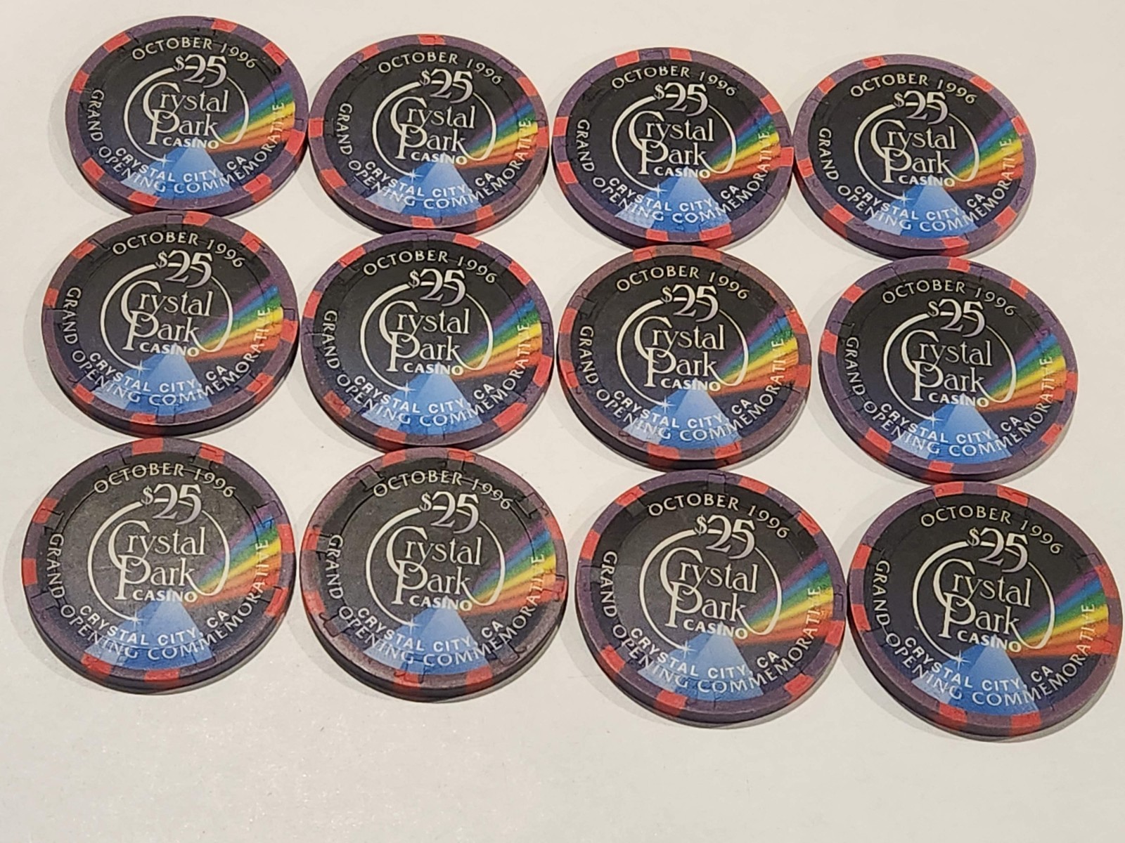 $25 CRYSTAL PARK CASINO Chips - 1996 ZODIAC - RARE! H&C MOLD - FULL SET