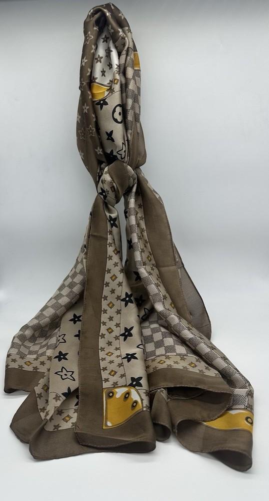 Long Plaid Star Patterned Scarf Khaki Brown Gold