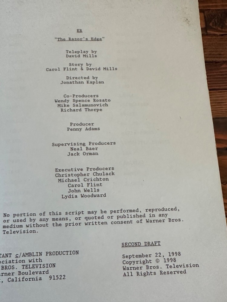 ORIGINAL ER TV SHOW SCRIPT EPISODE THE RAZOR'S EDGE