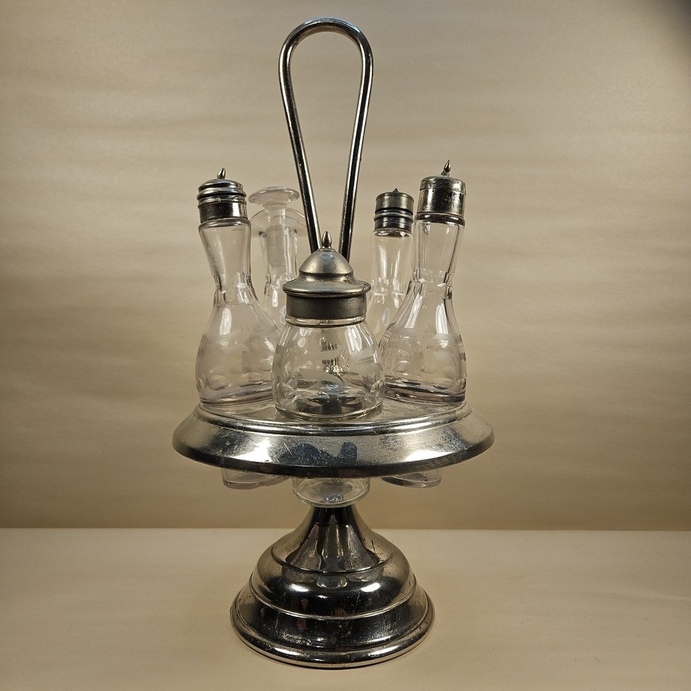 VINTAGE SILVER PLATE 6 PIECES CRUET SET