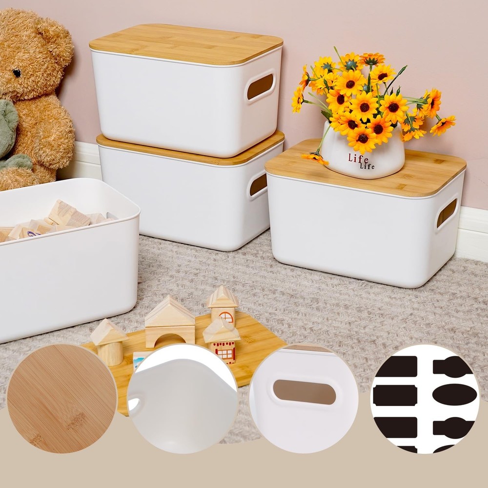 Citylife Storage Bins with Bamboo Lids 7QT Plastic Storage Containers Stackab...