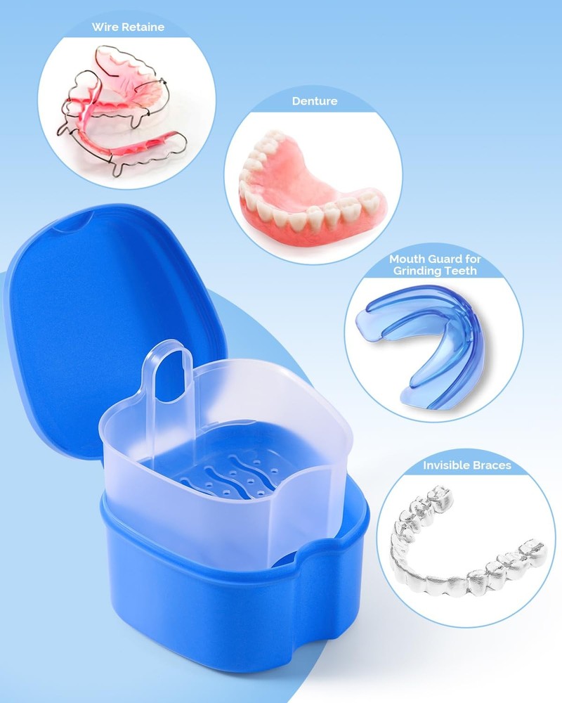 JMU 2pcs Denture Bath Case, Cup for Soaking Navy Blue,Teal Blue