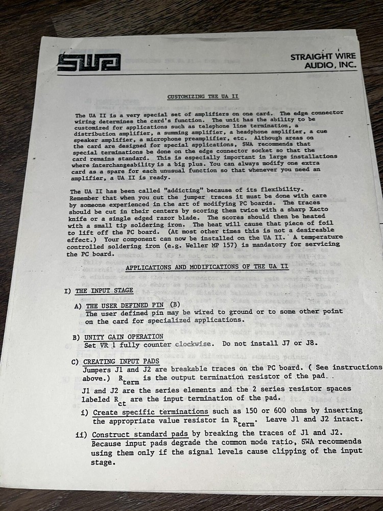 Straight Wire Audio SWA UA II paperwork