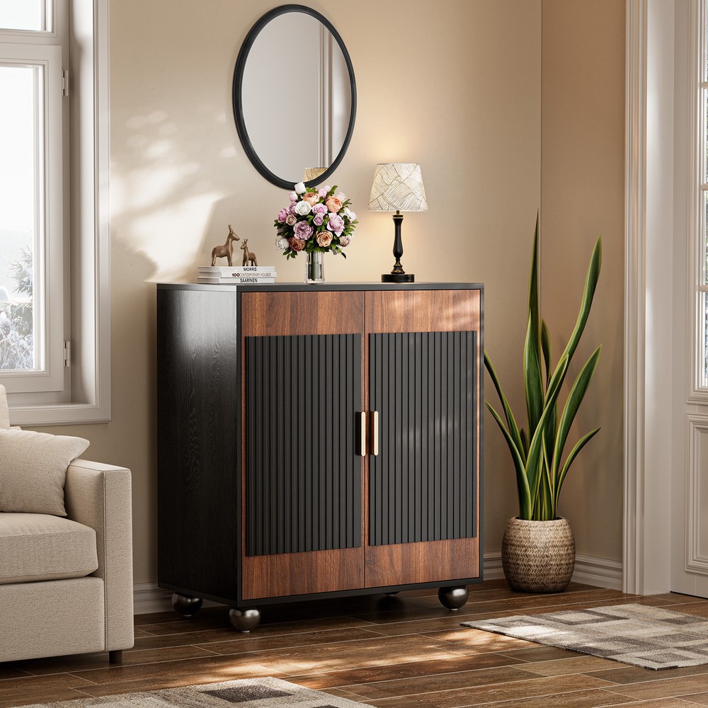 Fluted Sideboard Cabinet with Storage Solid Wood Buffet Corner Cabinet Walnut