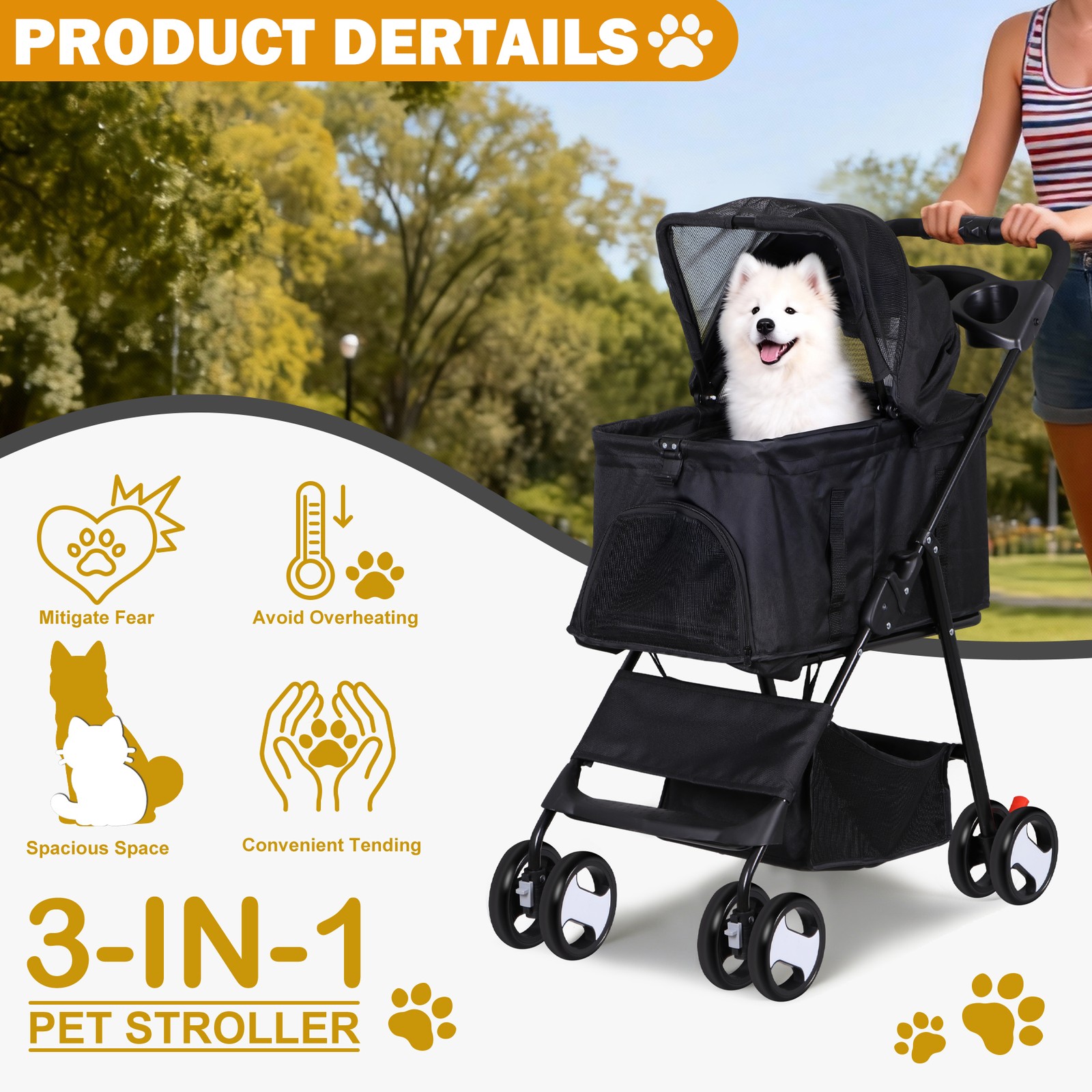 Pet Stroller Foldable Dog Cat Jogger Stroller w/4 Wheels Detachable Basket Black