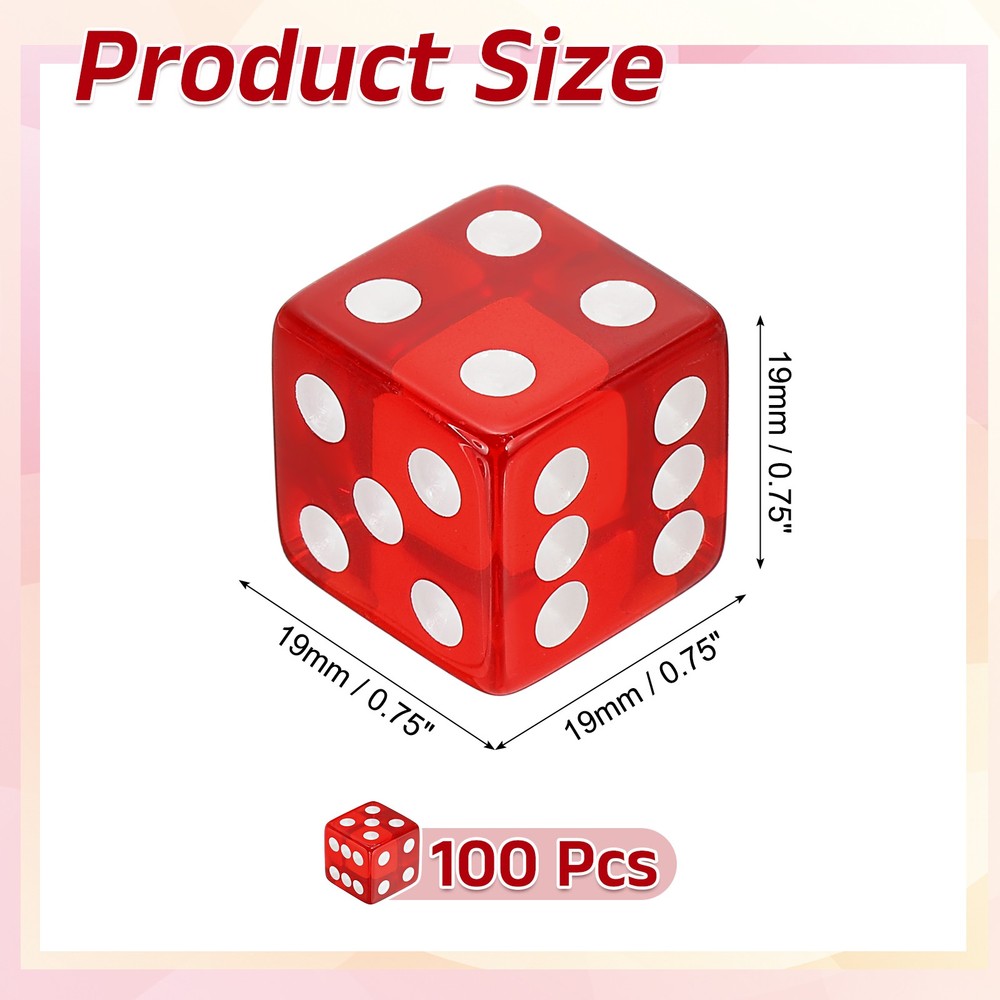 100Pcs 19mm/0.75" Acrylic Translucent Rounded Edge D6 Dice, Red