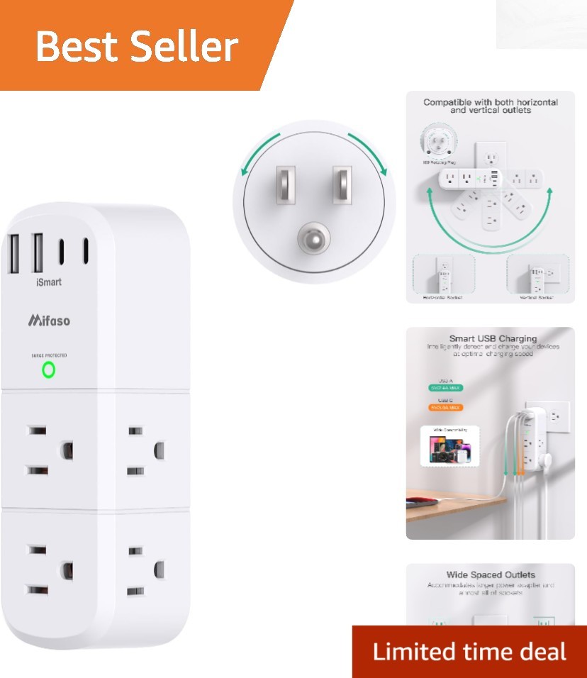 Compact Surge Protector Power Strip with Rotating Plug and 10-in-1 Functionality