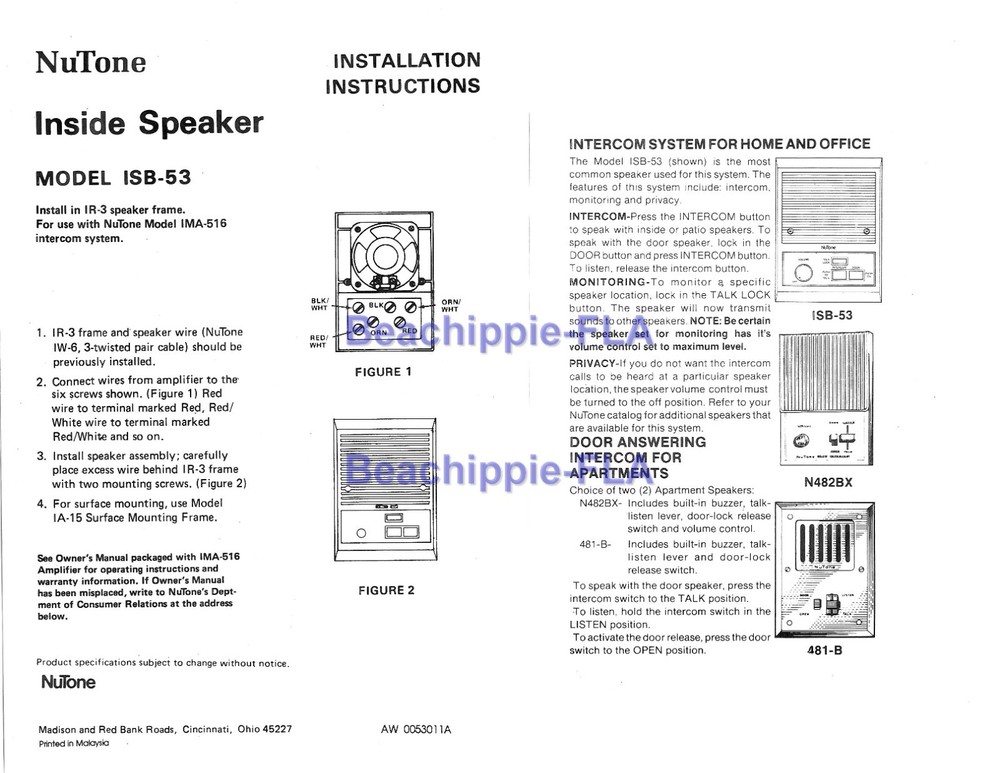 NuTone® ISB53 [ ISB53L ] Eggshell Intercom Station for IMA516 Intercom System