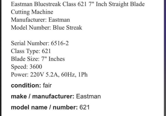 Eastman Blue Streak Cutting Machine - Class Type 621