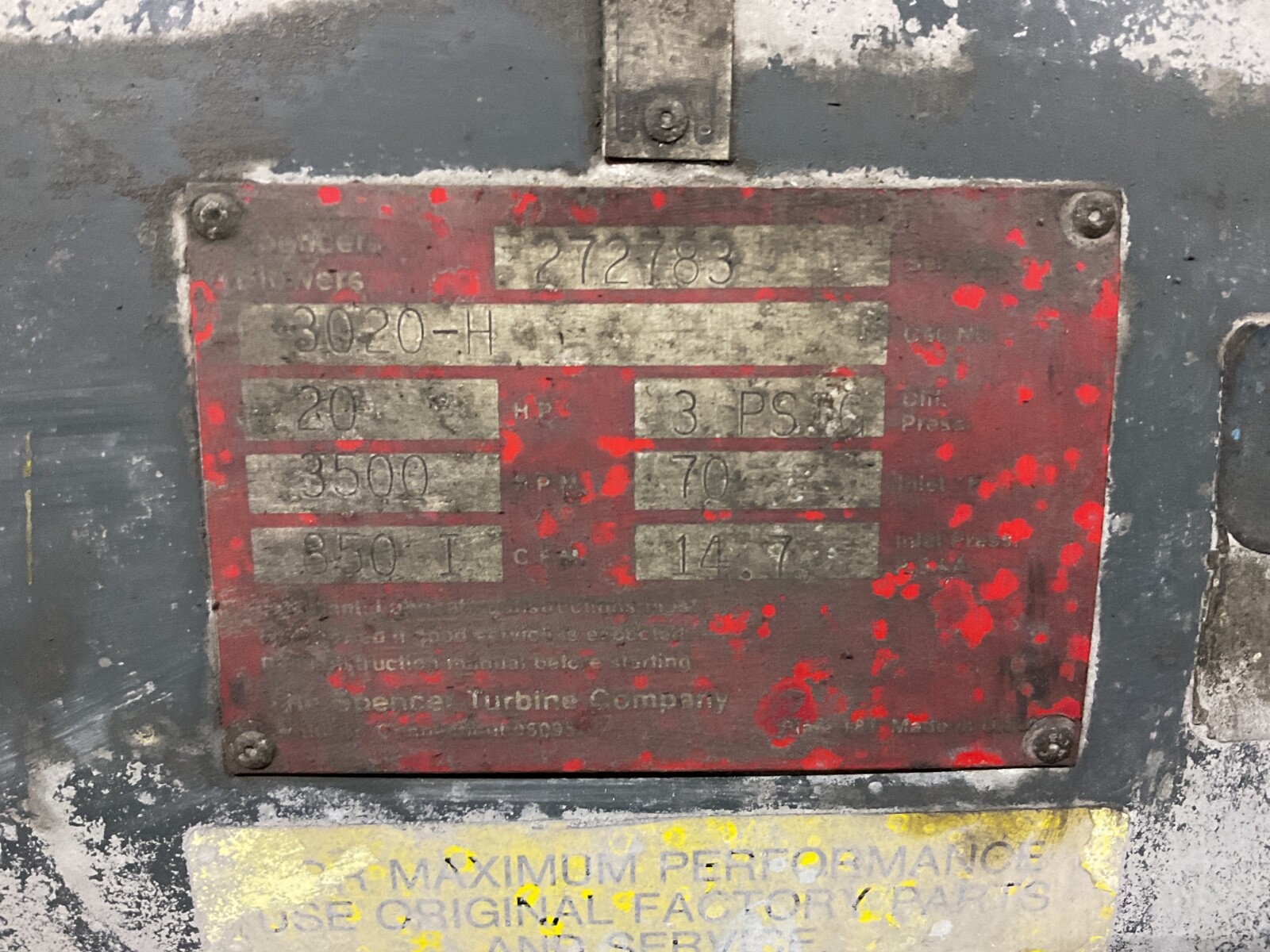 Spencer Turbine 3020-H Centrifugal Blower 20 HP 3Ph 850 CFM #61BB