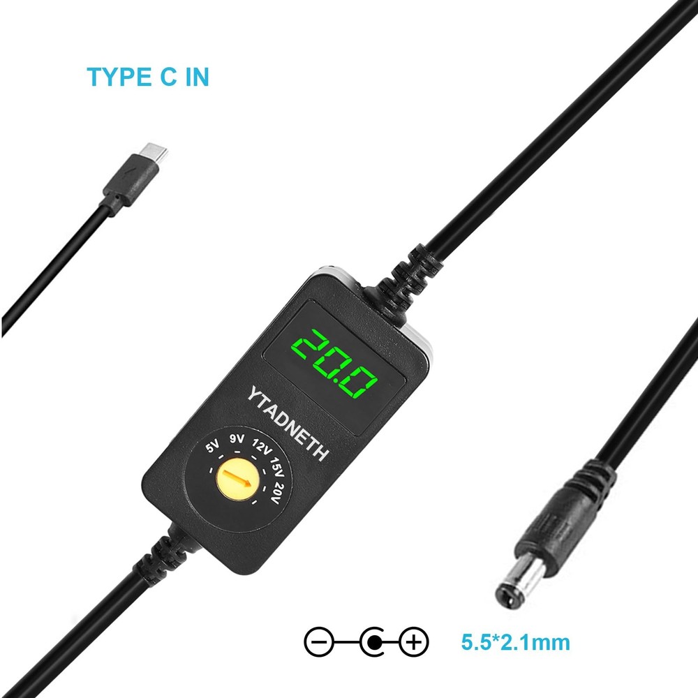 YTADNETH Universal USB C to DC Adapter, Barrel PD Trigger Cable, USB-C Black