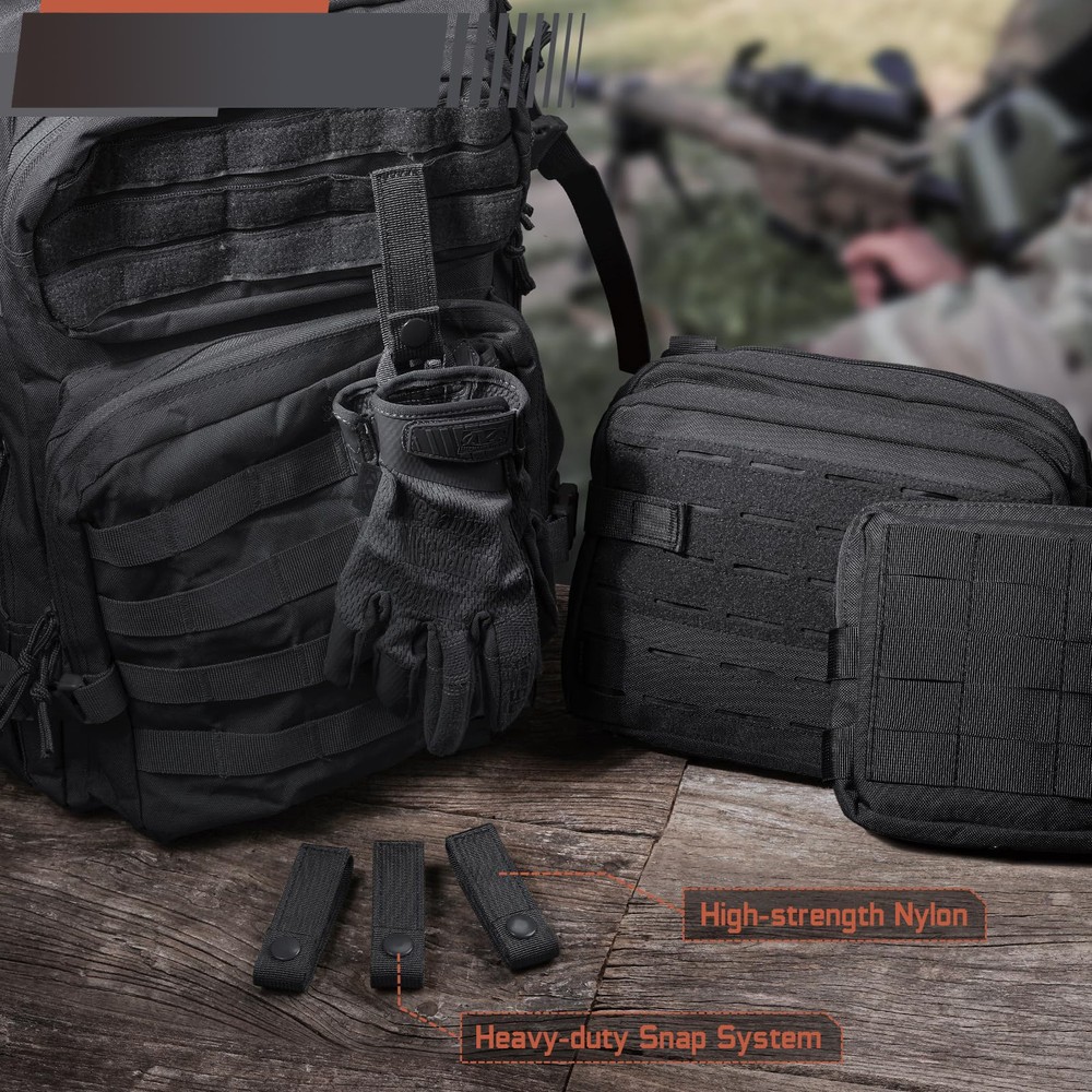 Molle Attachment Straps, 4 Inch Webbing, 4 Pack With Snap Buttons, Black