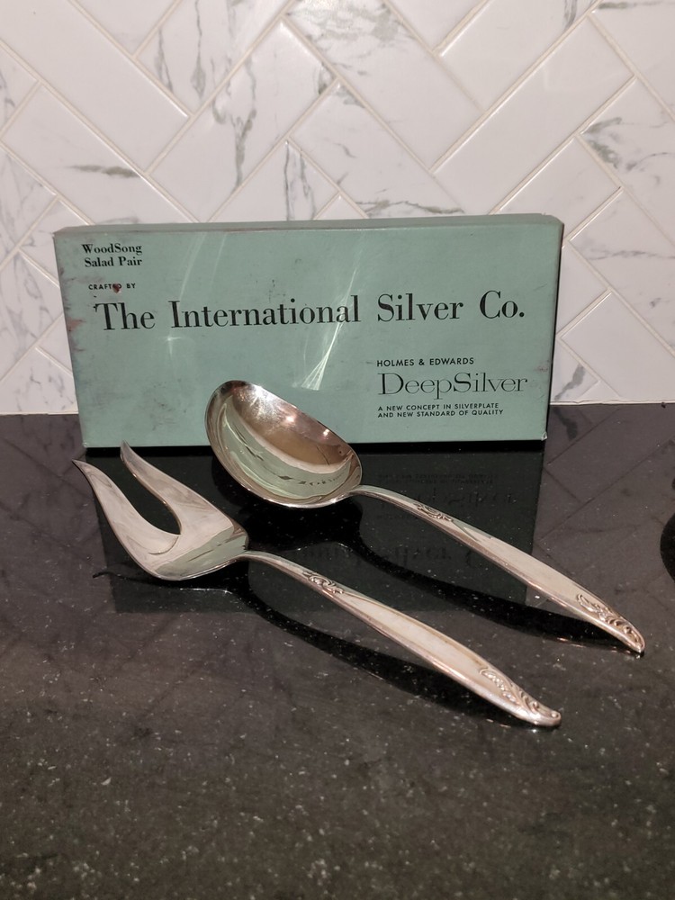 1958 WOODSONG Holmes & Edwards Deep Silver Salad Pair Spoon/fork • Original Box