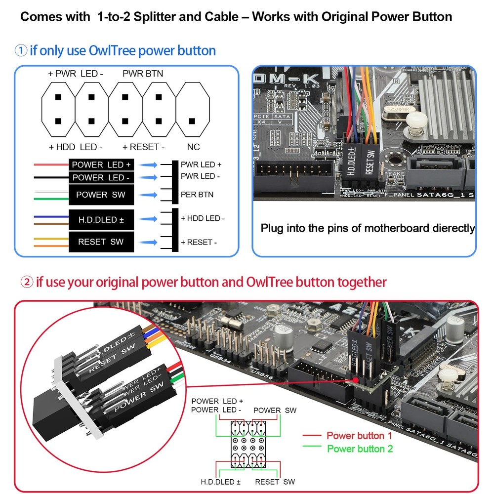 PC Power Button, Desktop Switch Splitter ON Off Reset SW HDD LED PC External