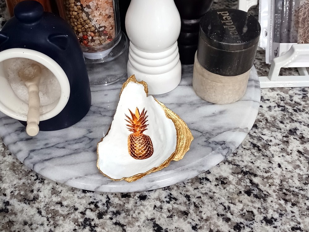 Pineapple Decoupage Oyster Shell - Gold and White Ring Dish, Seashell Decor