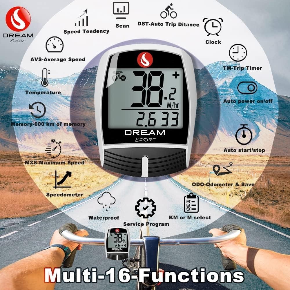 DREAM SPORT Bike Computer 16-Function Waterproof Bicycle Speedometer & Odometer