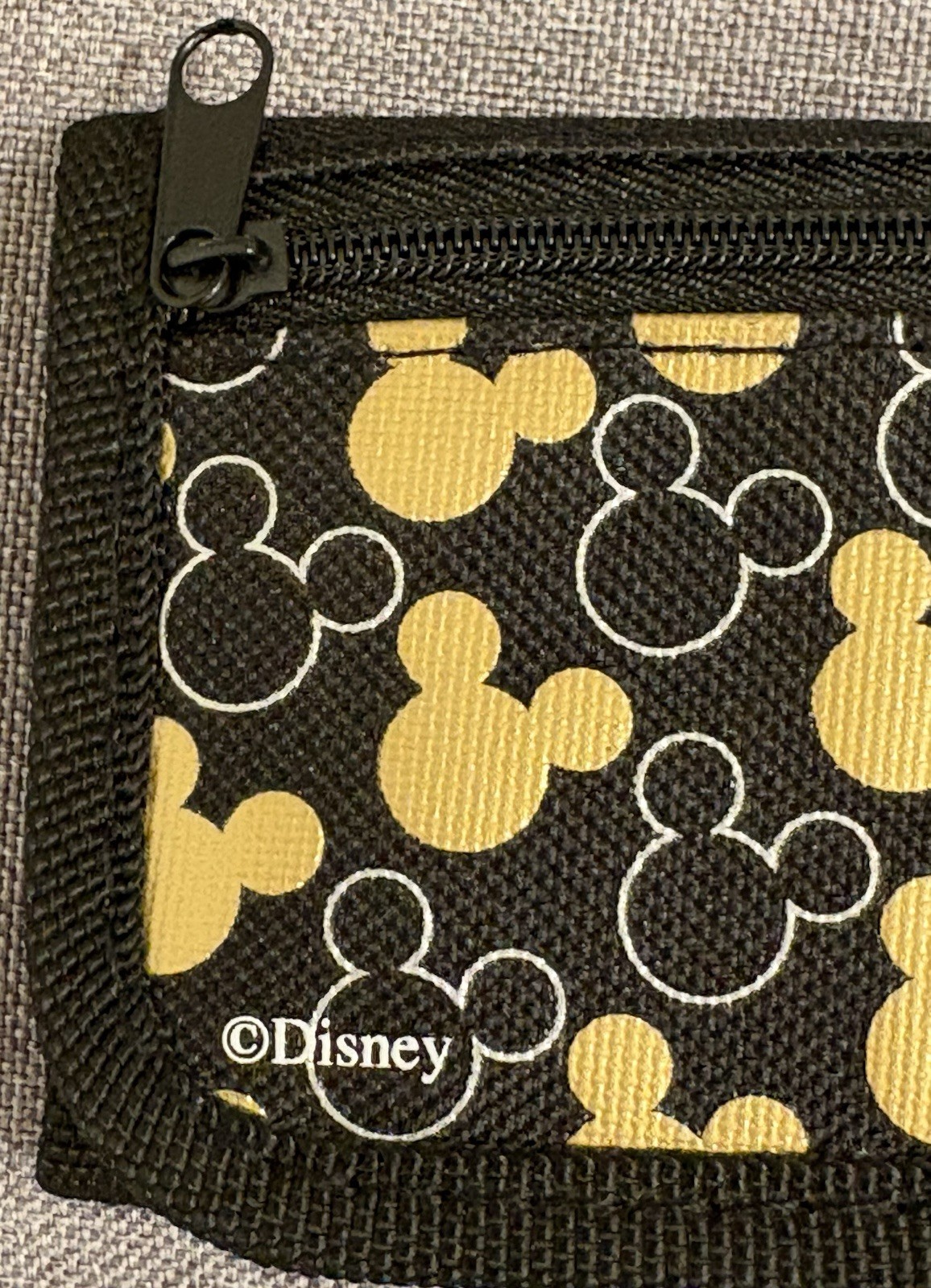 New Disney Mickey Mouse Black and Gold Canvas Trifold Wallet w/Zippered Pocket