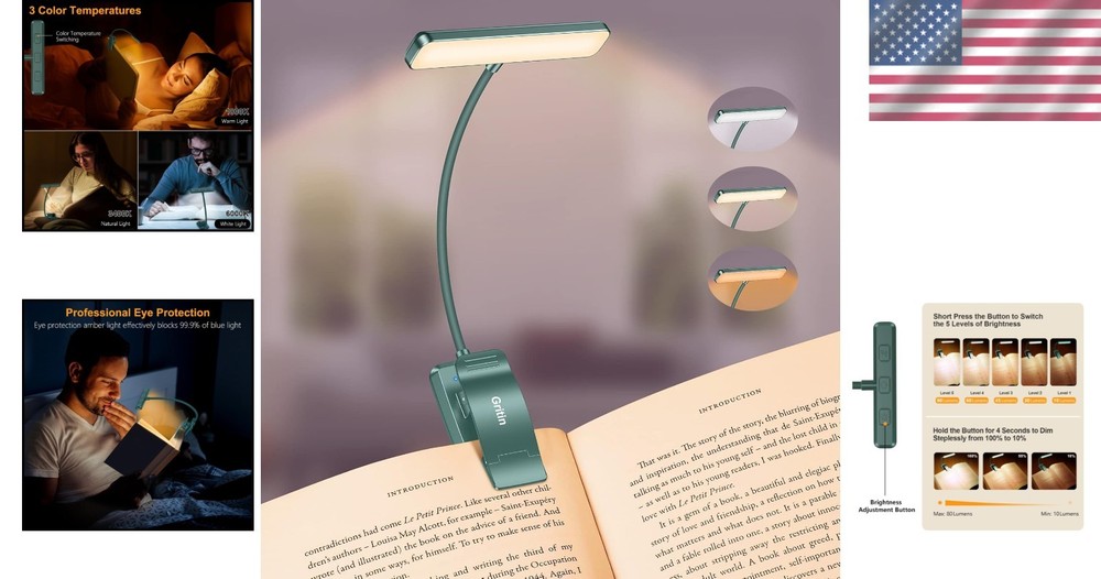 19 LED Rechargeable Book Light for Reading in Bed with Memory Function- Eye Cari