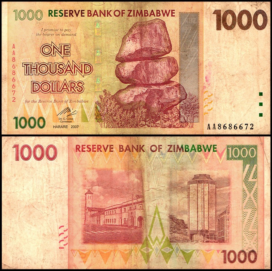 Zimbabwe 1000 Dollars, 2007, P-71, Damaged
