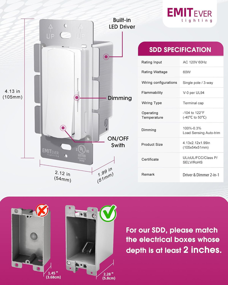 Dimmer Light Switch & 24V 60W Dimmable LED Driver 2 in 1, UL Listed Single-Pole
