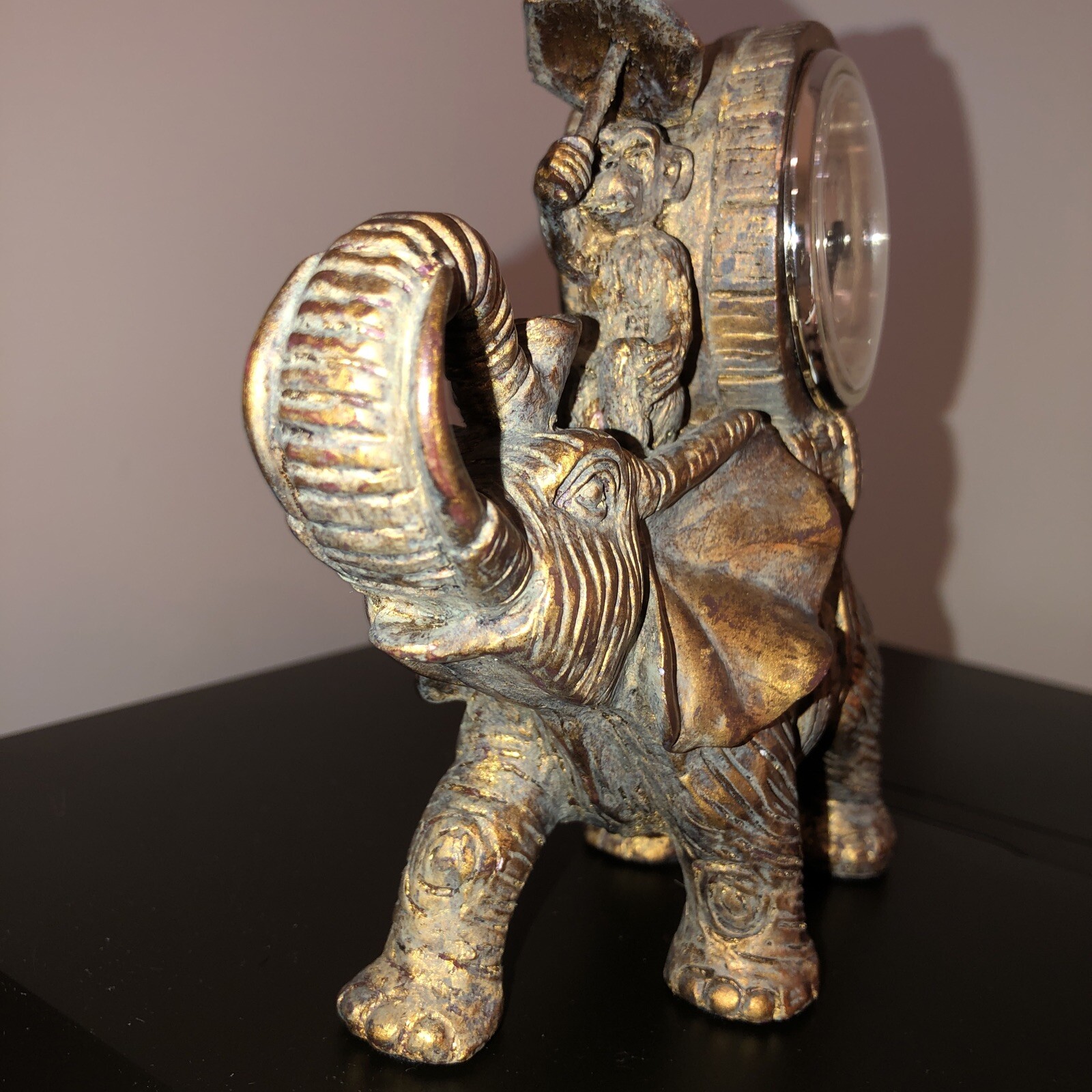 Bronze Style Resin Elephant Riding Monkey Mantle Quartz (Clock not working) 6"