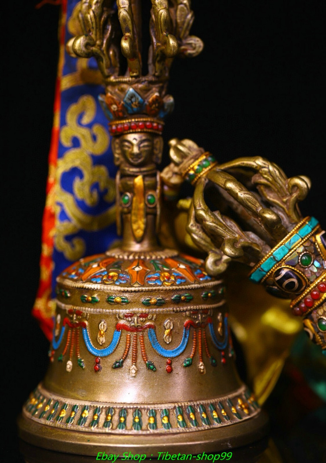 8.6''Old Tibet Bronze Painting inlay Dzi Bead Dorje Vajra Bell & Holder Faqi