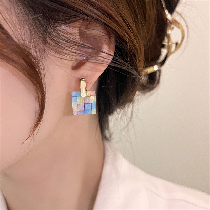 Square Multicolored Pendant Necklace Earring Set Multicolored Gold based