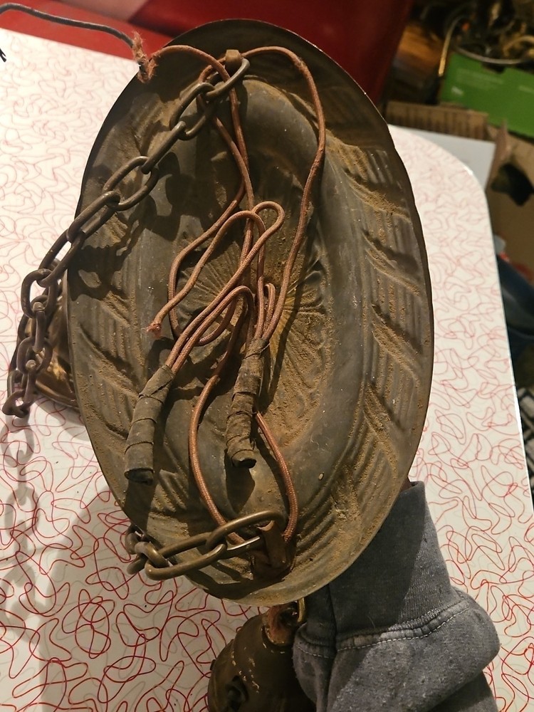 Antique Hanging Ceiling 2 Light Fixture Pressed Embossed Brass Ceiling Canopy