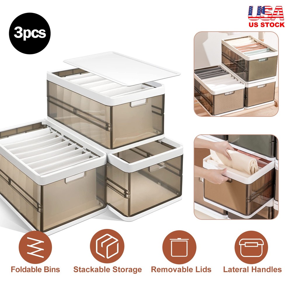 3 Pack Foldable Storage Bins with Lids Stackable Closet Organizer Plastic