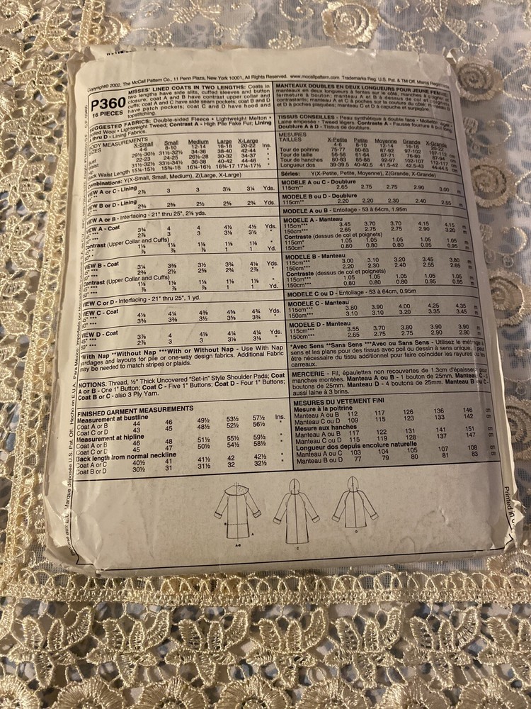 Uncut Sewing Patterns 90s Coats McCalls Jacket P360