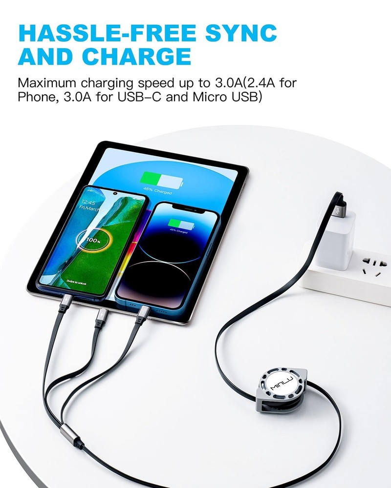 Multi Charging Cable 3A, [2Pack 4ft] Retractable 4 feet, Black,Gray