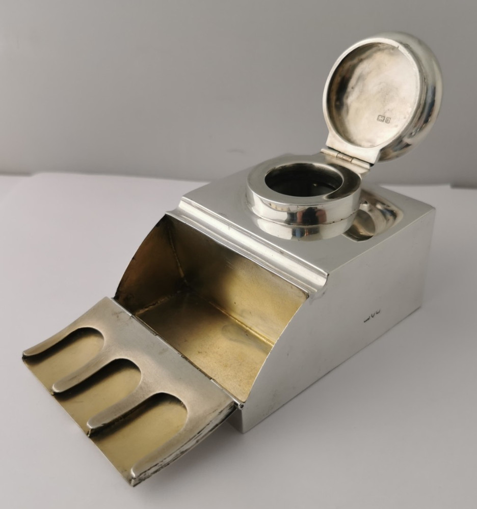 Rare Solid Silver Inkwell & Double Stamp Box Combination - Chester 1903