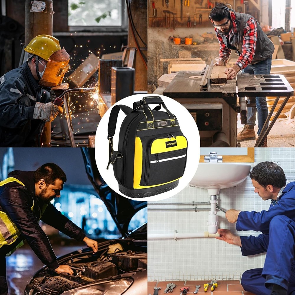 17" Tool Backpack with Multi Pockets Water Resistant Hard Bottom Bag