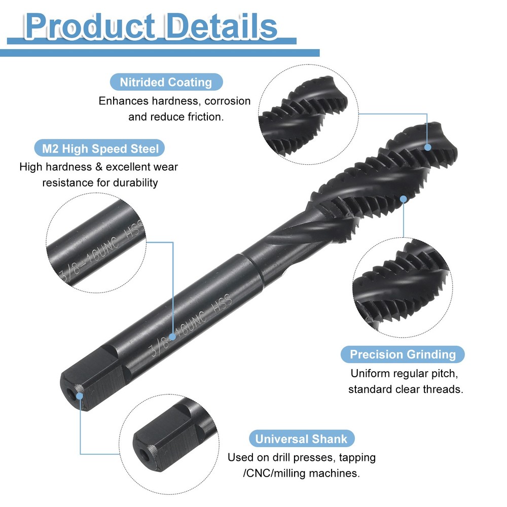 Spiral Flute Thread Taps 3/8-16 UNC H2 Machine Threading Tap Bit Nitrided Coated