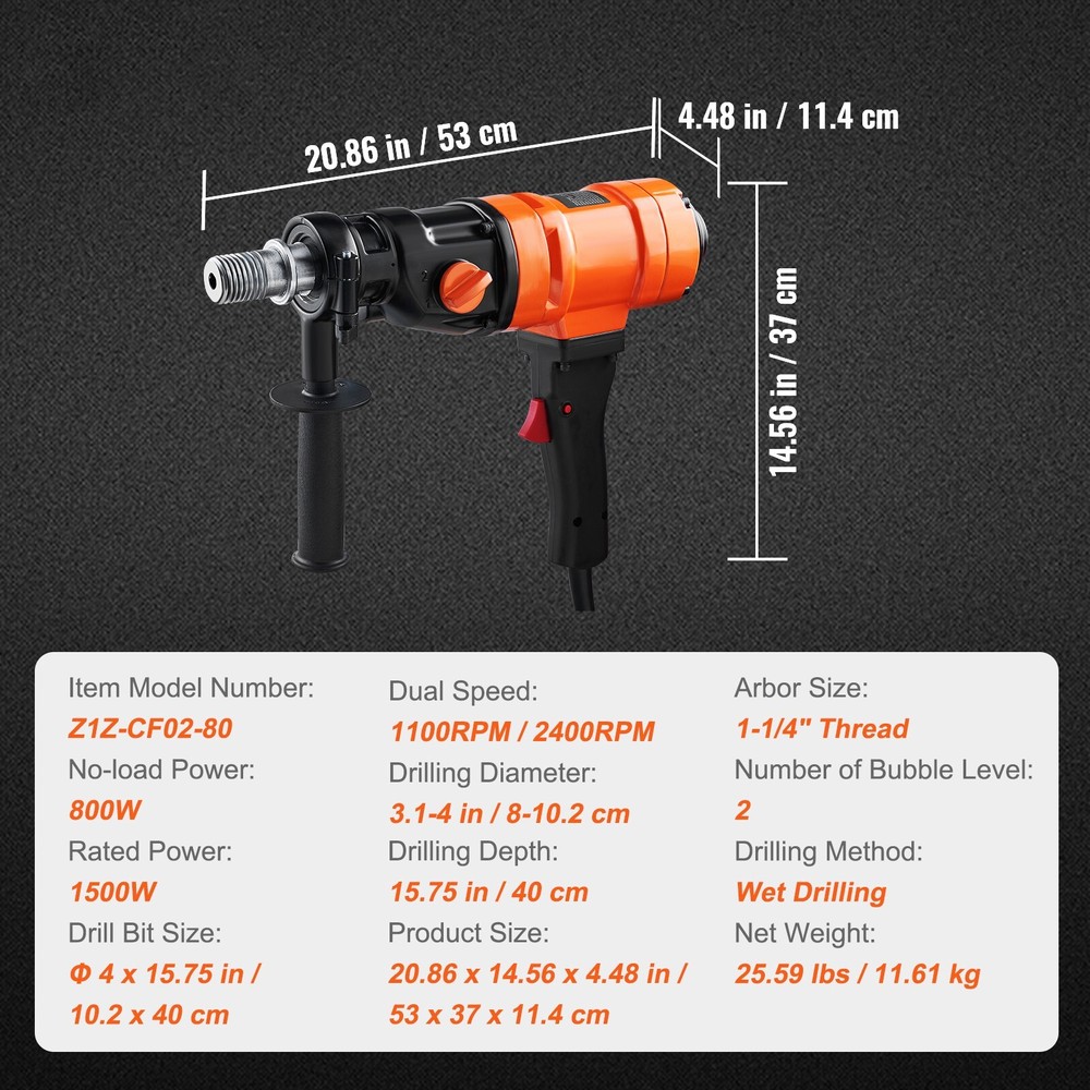 Diamond Core Drill Machine Handheld Concrete Core Drill Rig 4in Bit 1500W