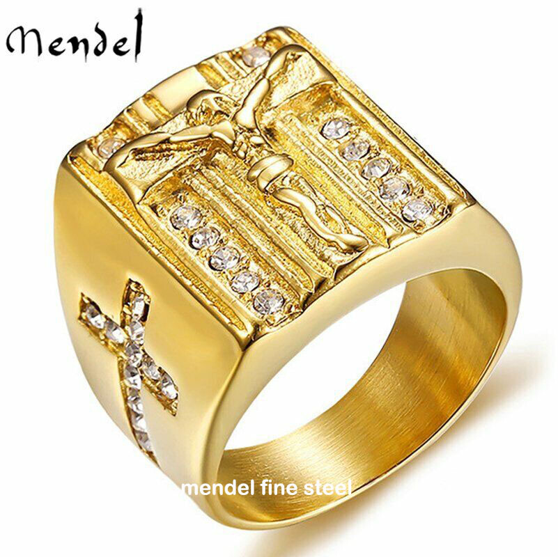 MENDEL Mens Stainless Steel Gold Plated CZ Jesus Cross Crucifix Ring Size 7 8-15