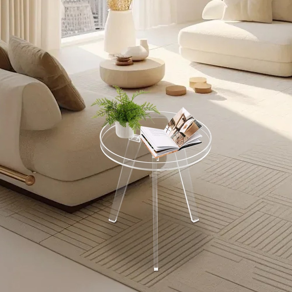 Clear Acrylic Side Table Round Ende Table Drink Table for Small Space 15.7"x18”