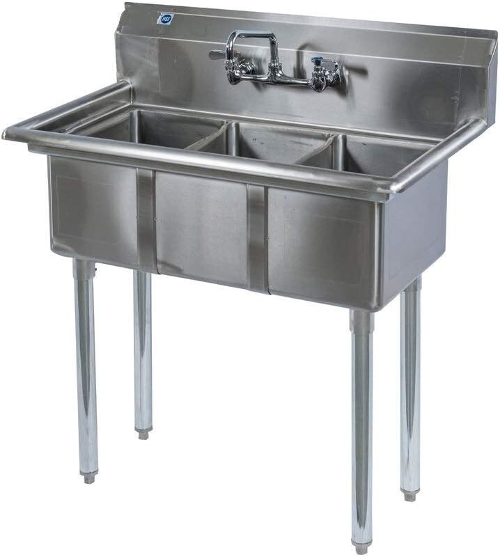Commercial Stainless Steel 36" 3 Compartment Kitchen Sink with Faucet
