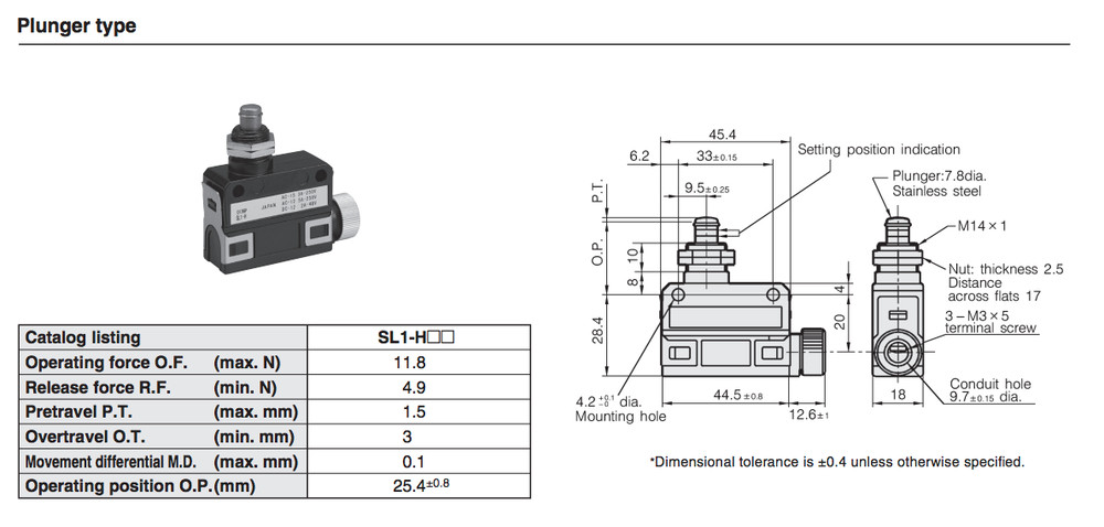 Yamatake / Azbil SL1-H Limit Switch / Micro Switch with Plunger Type