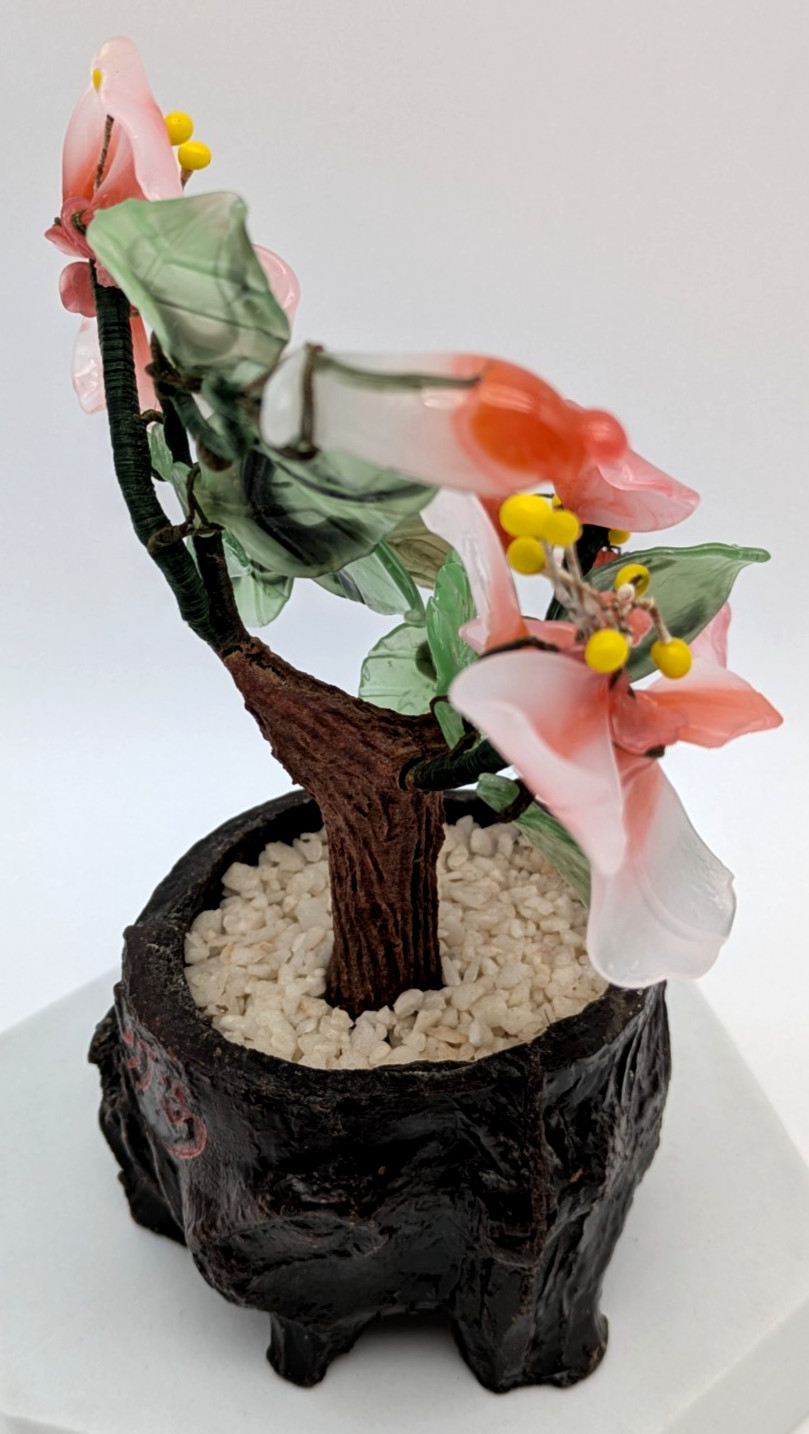 Asian Pink & Green Jade Glass Bonsai Flowers In Footed Pot Signed