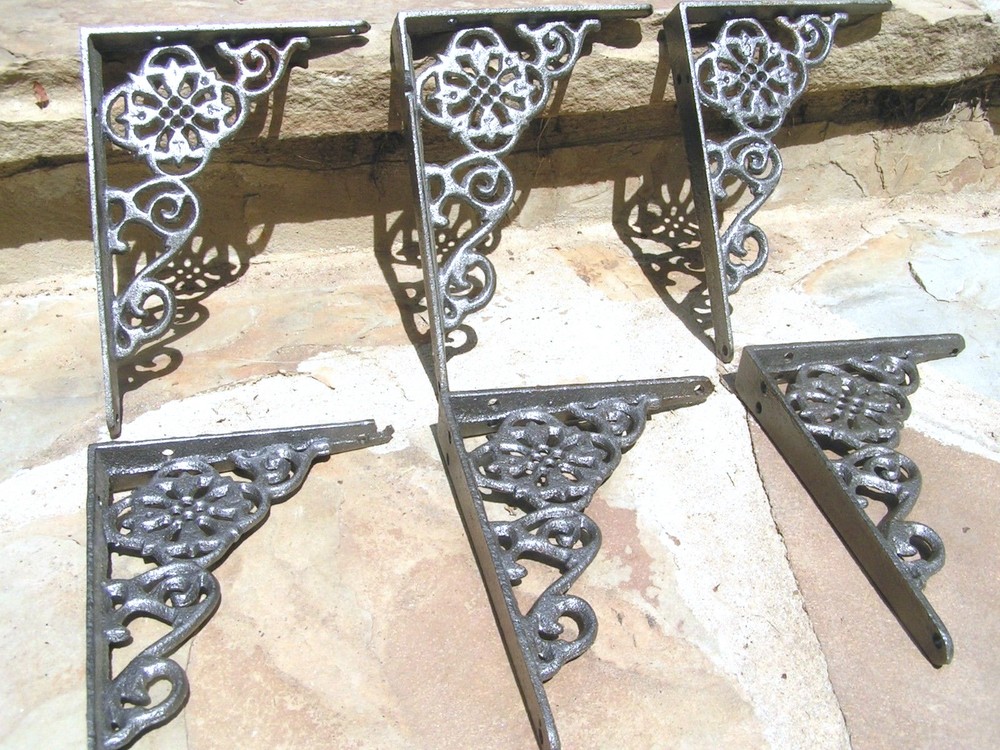 SIX Cast Iron Wall Shelf Brackets, small braces, corbels, Gray