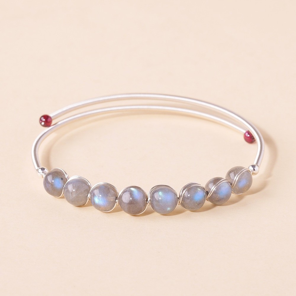 Labradorite Beaded Adjustable Silver Wire Bangle Healing Jewelry