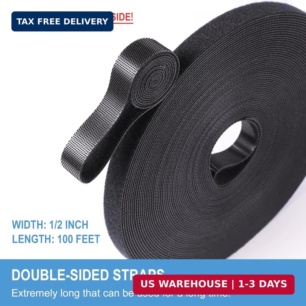 1/2in x 100ft Hook and Loop Roll | Double-Sided Strips, Self-Gripping Straps | R
