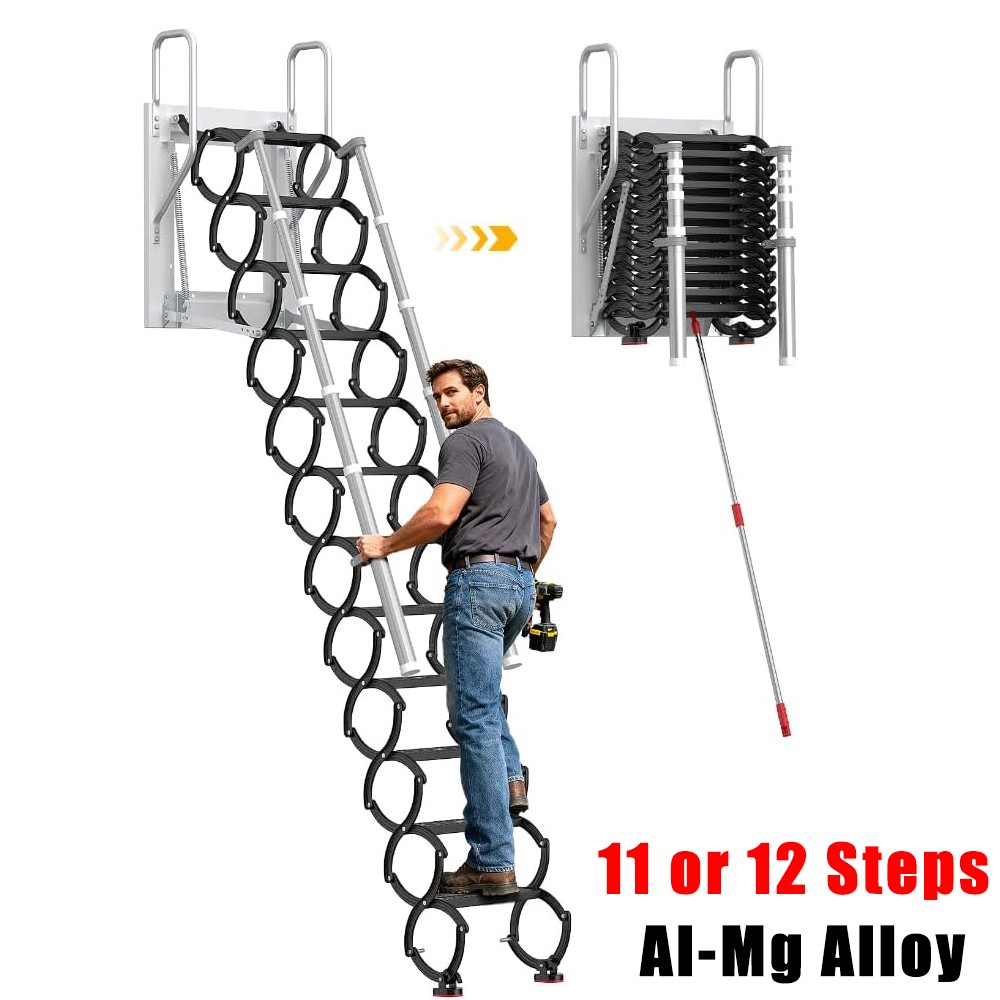 1102lb Attic Ladder 10 ft Wall-Mounted Loft Access Staircase Pull Down System