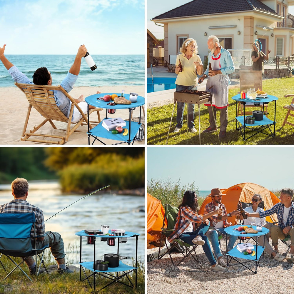 Folding Camping Table, Lightweight Double-Layer round Table with 4 Cup Holders a