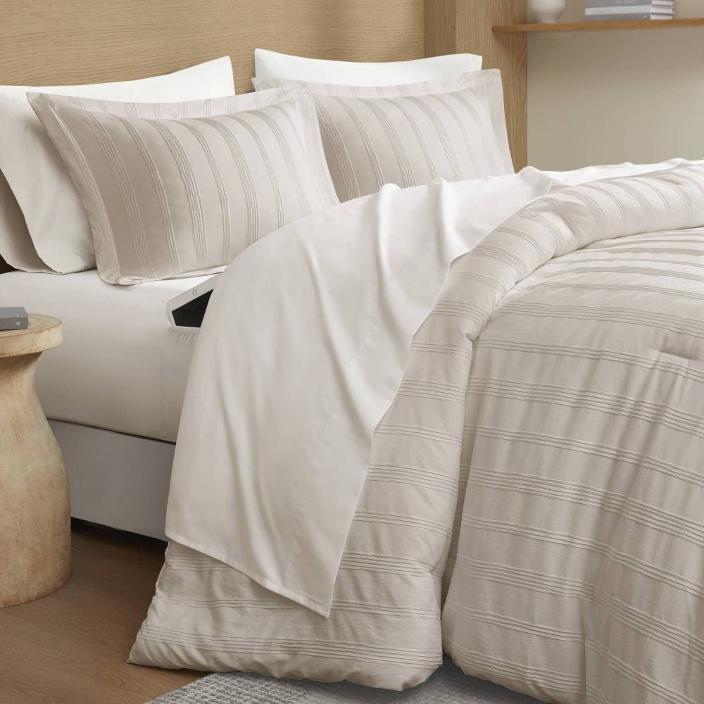 Full Woven Striped Comforter Set, Neutral Bedding for Adults | 7-Piece