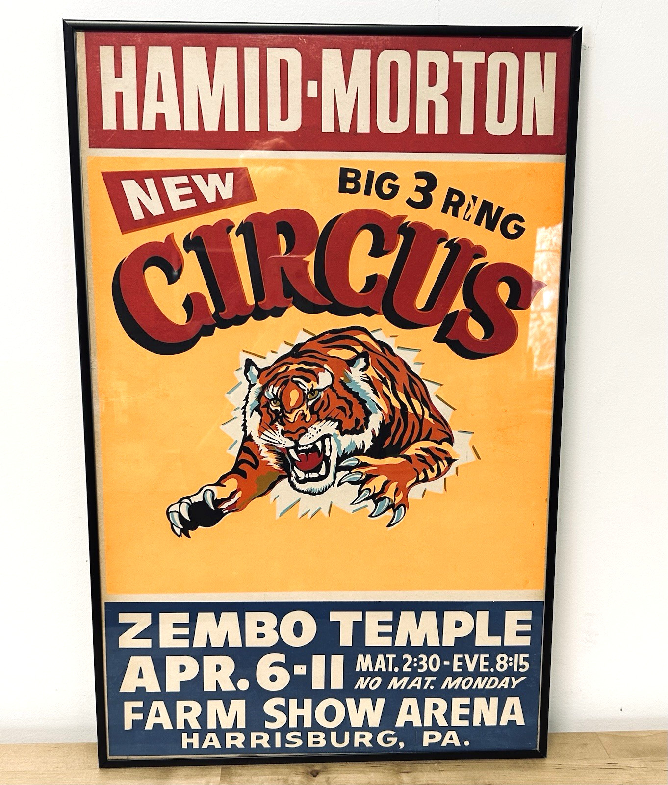Vtg Hamid Morton Circus Poster Harrisburg PA Zembo Temple 1950s Americana Tiger