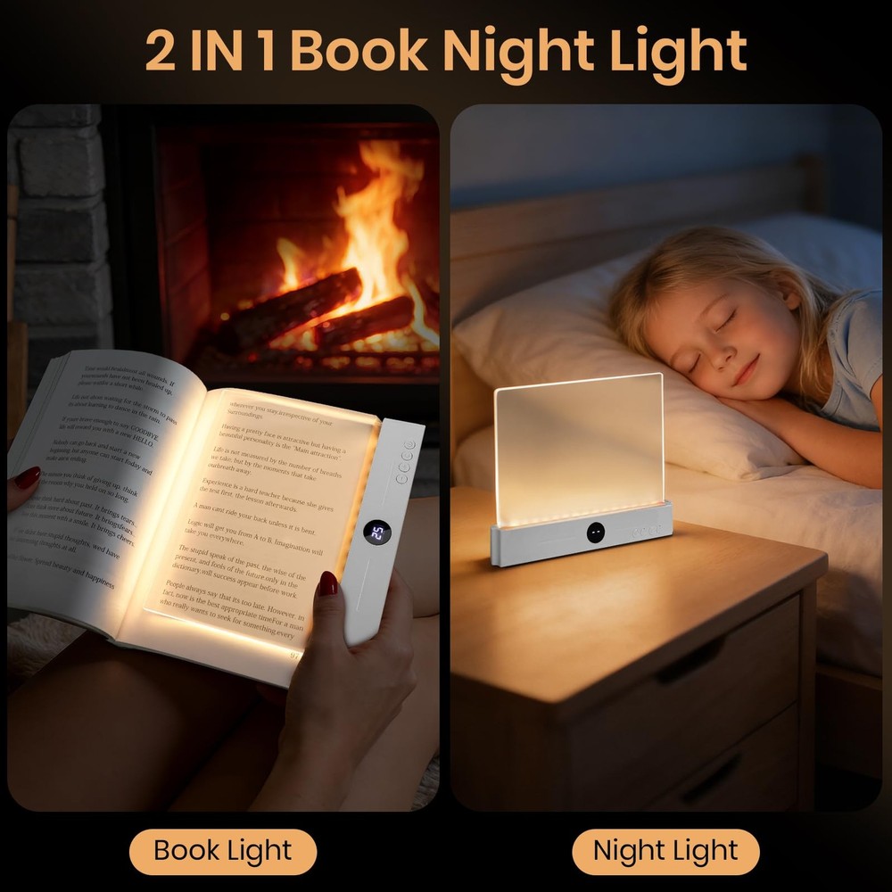 Flat Book Light Rechargeable LED Smart Reading 3 Colors Timer Panel White