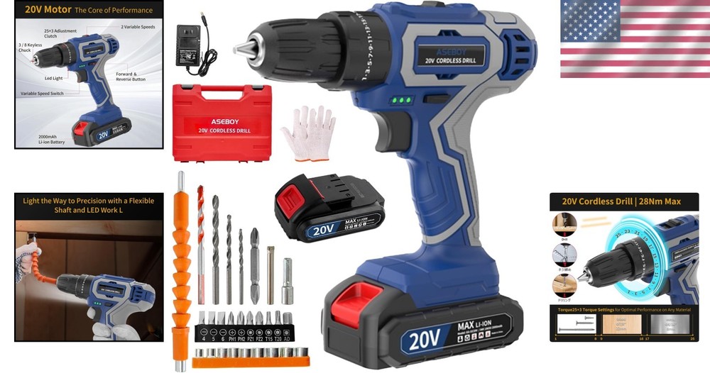 20V Cordless Drill with LED Light & Variable Speed - Ultimate DIY Tool Kit